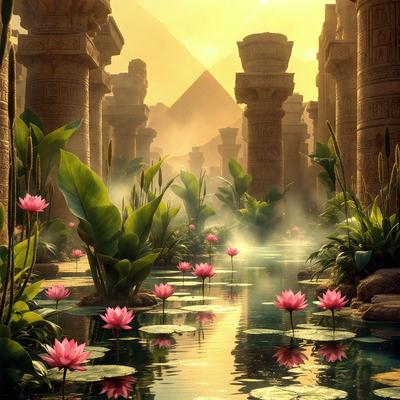 The primary subject of the image is a beautiful garden with a variety of flowers, including pink and purple ones. The setting is a serene pond surrounded by a series of tall, ornate pillars. The visual style of the image is a digital art, creating a vibrant and lush atmosphere. The dominant colors in the scene are pink, purple, and green, with the pond adding a tranquil touch to the overall mood.